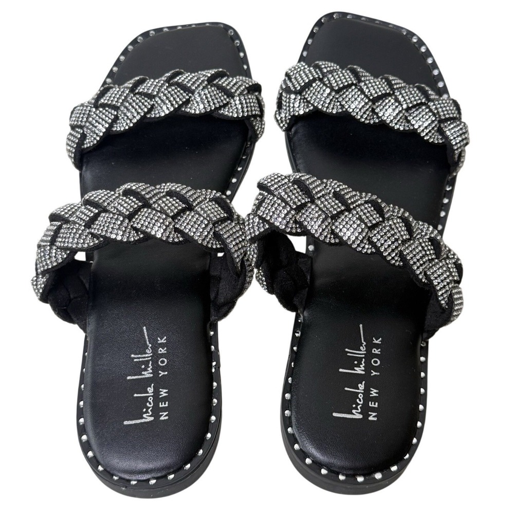 Nicole Miller Womens Slide Sandals Black Rhinestone Braided Size 9 Y2K Baddie